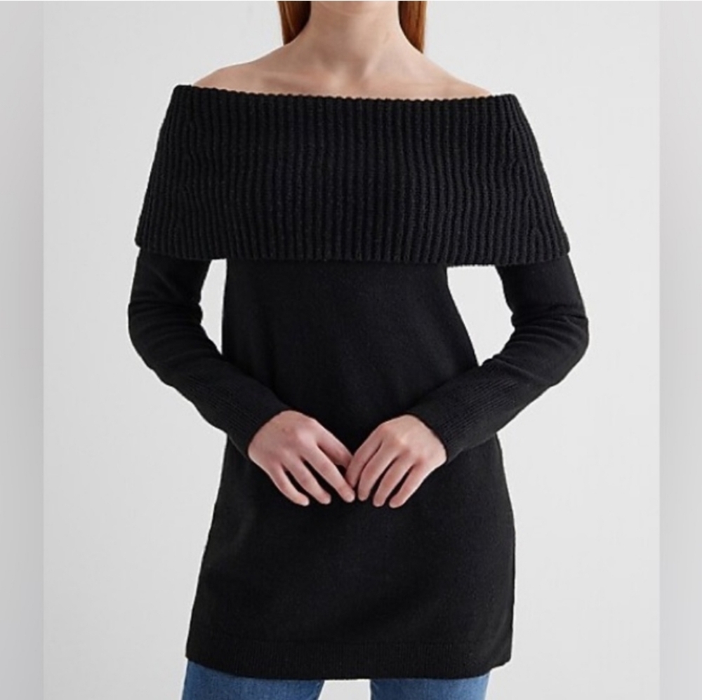 EXPRESS Black Ribbed Off the Shoulder Overlay Sweater NWT